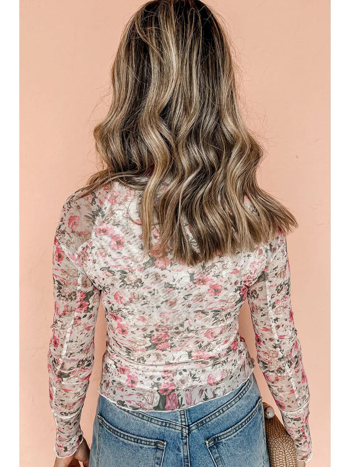 Floral Long Sleeve High Neck Mesh Blouse