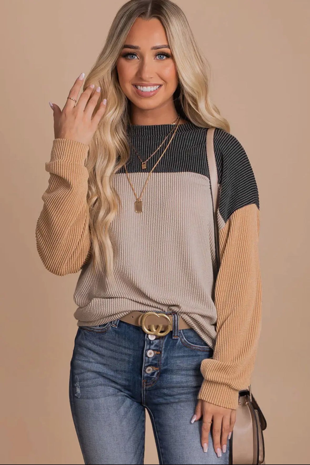 Color block long sleeve ribbed shirt