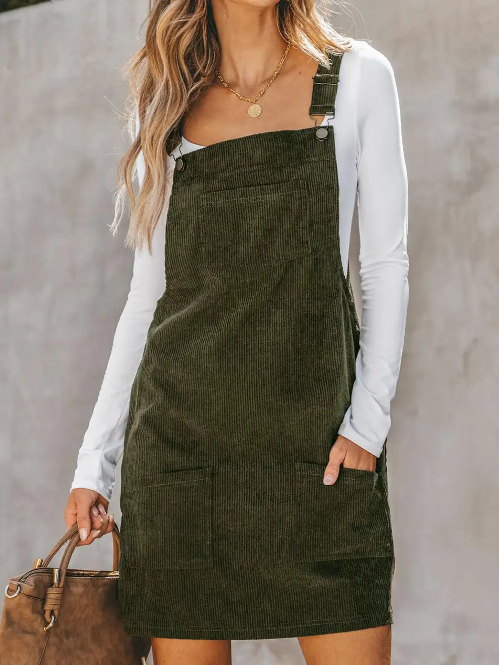 Solid Front Pockets Sleeveless Corduroy Overall Dress