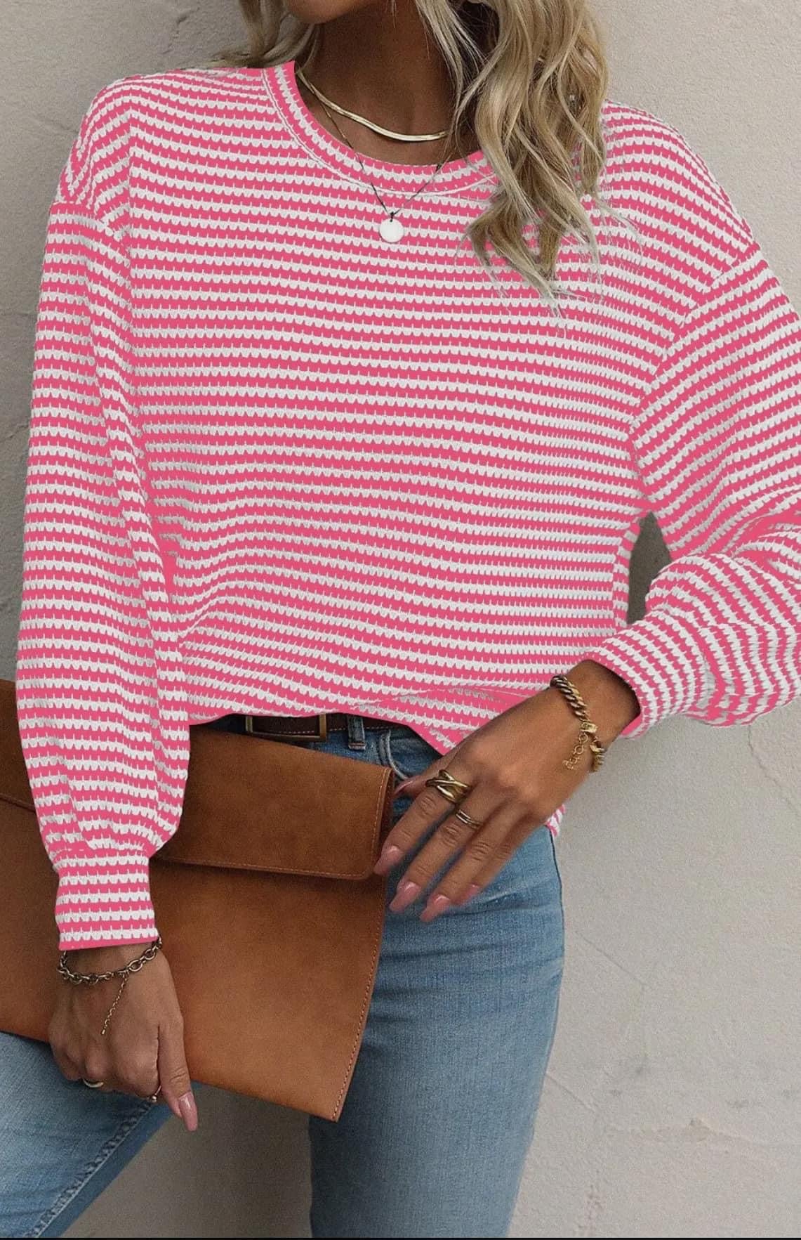 Stripe Round Neck Drop Shoulder Long Sleeve Top