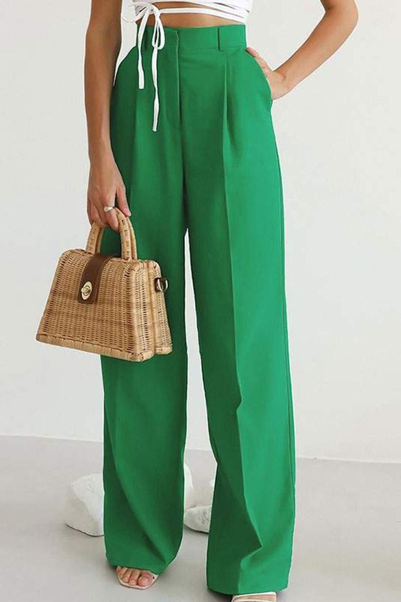 Green Polyester High Rise Waist Trouser