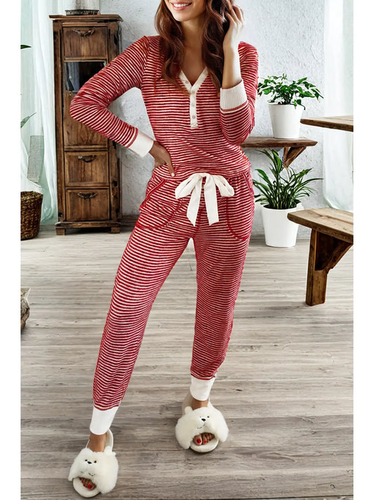 Stripe Buttoned V Neck Top Knotted Waist Pants Lounge Set