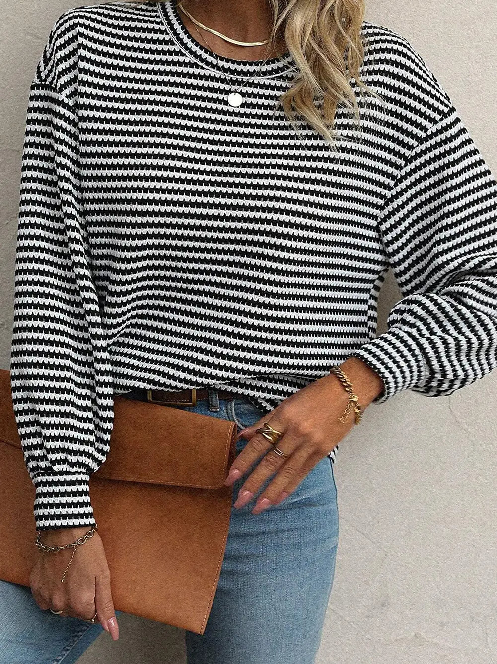 Stripe Round Neck Drop Shoulder Long Sleeve Top