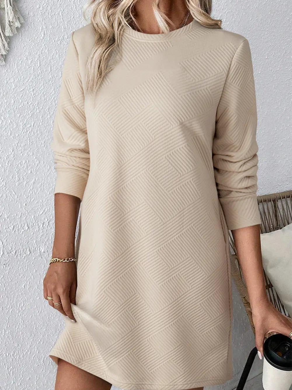 Textured Long Sleeve Shift Dress