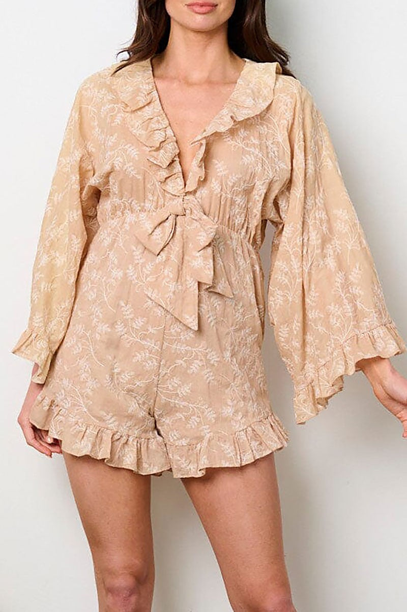 Beige Long Sleeve V-Neck Ruffle Leaf Print Romper