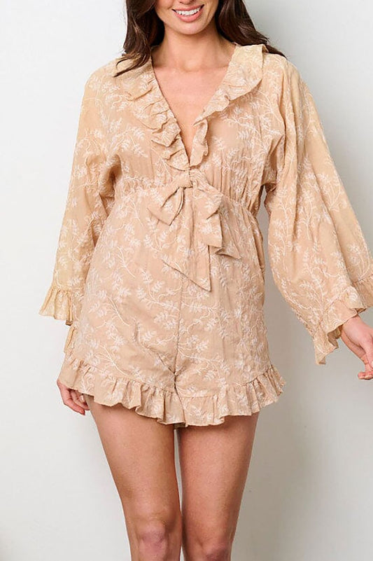 Beige Long Sleeve V-Neck Ruffle Leaf Print Romper